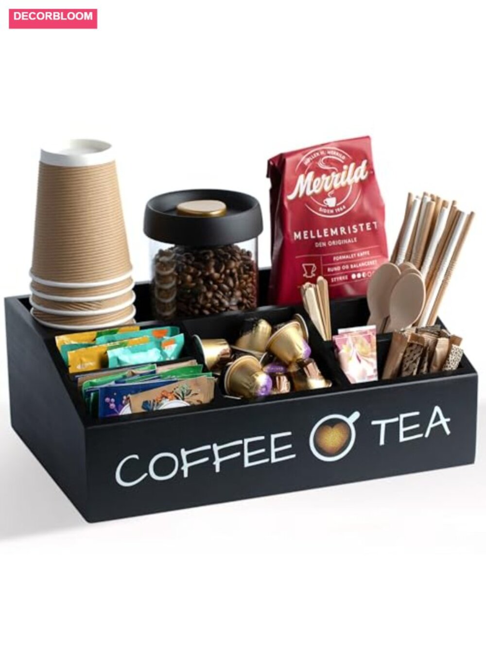 Coffee Station Organizer Solid Pine Wood 6 Compartments Countertop